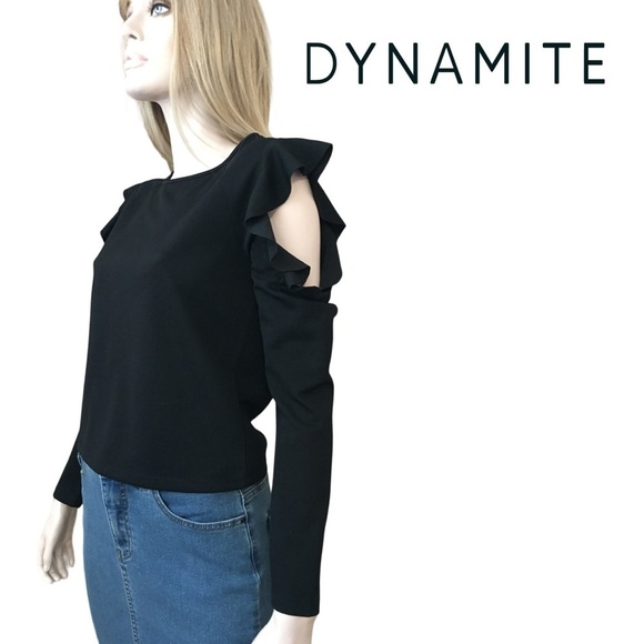Dynamite Ruffled Cold Shoulder Black Top Blouse Textured Long Sleeve NWOT - Picture 1 of 13